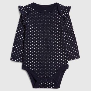 Baby Gap navy and white polka dot ruffled bodysuit